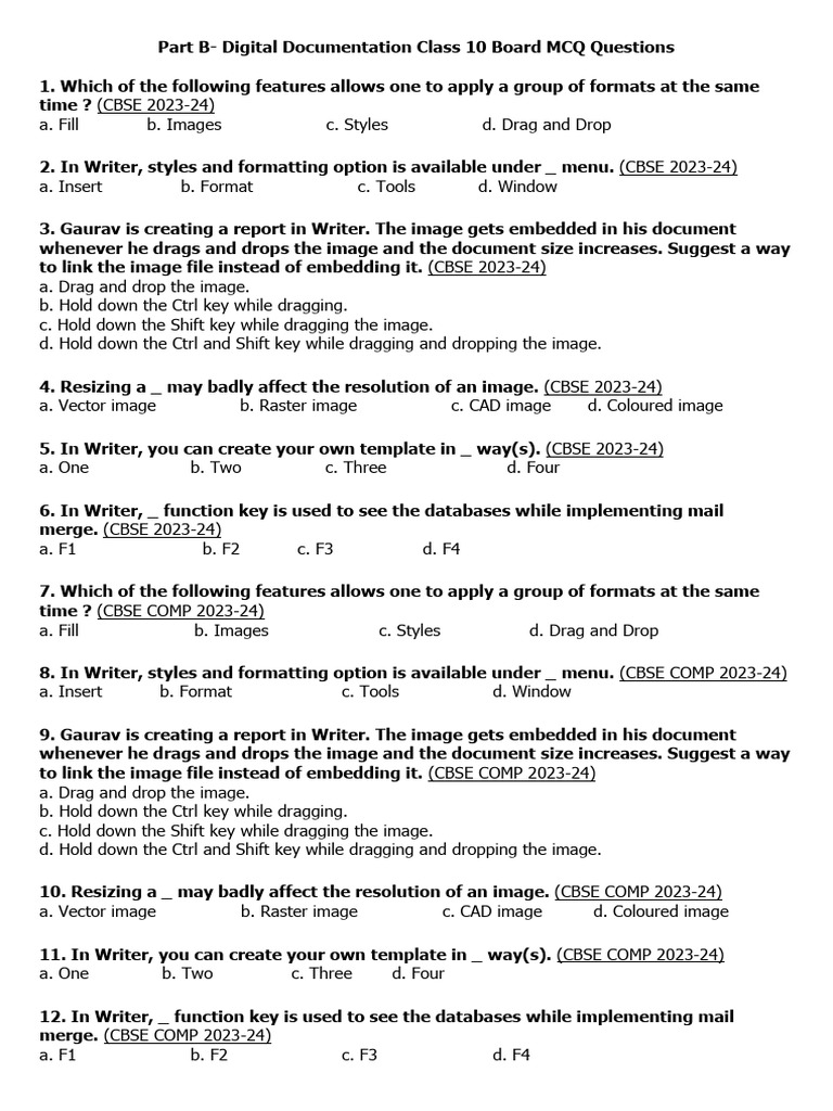 Class 10 Digital Documentation MCQs | PDF | Databases | Spreadsheet