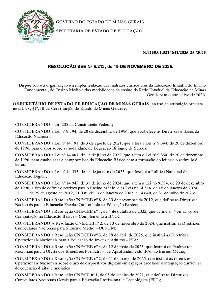 Matrizes Curriculares Minas Gerais 2026 | PDF | Educação primária ...