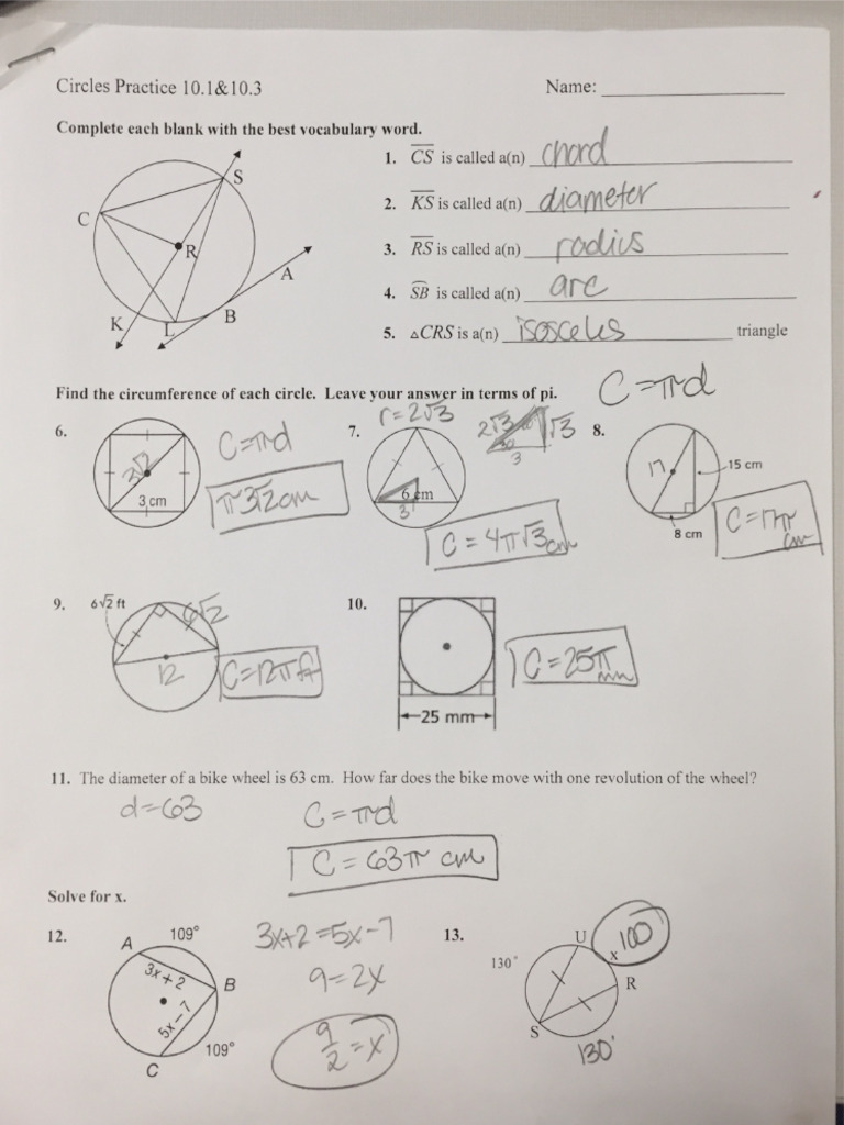 Circles 10.1&10.3 Practice Key | PDF