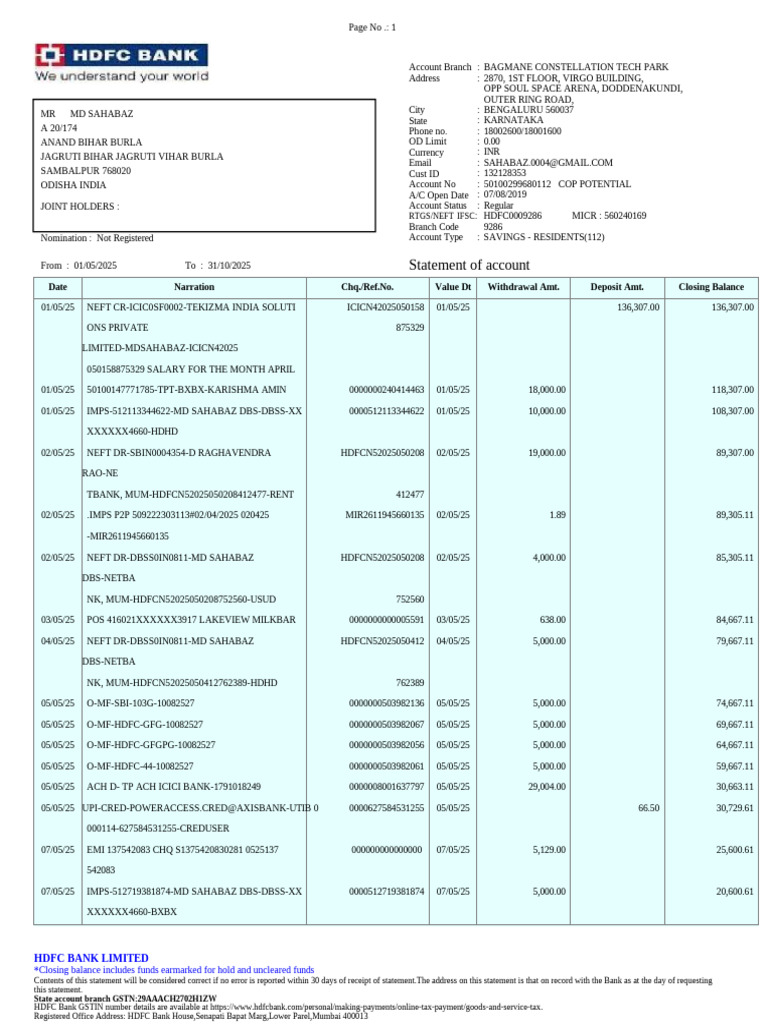 HDFC Bank Account Statement Summary | PDF | Financial Markets | Banks