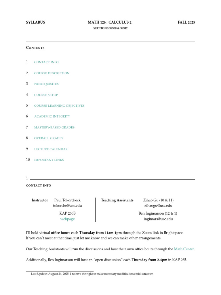 Math 126 Calculus 2 Syllabus 2025 | PDF | Integral | Power Series