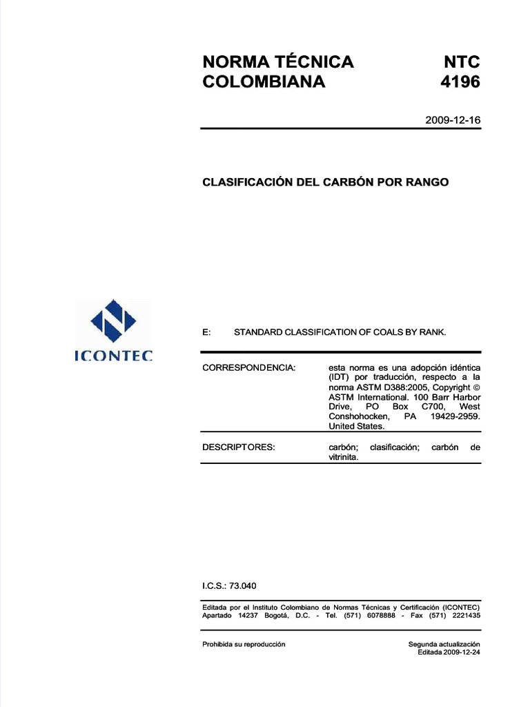 Clasificación del Carbón por Rango NTC 4196 | PDF | Importar | Carbón