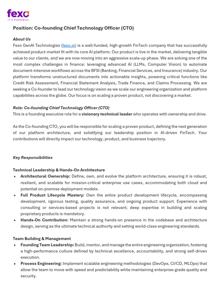 Co-founder CTO Role at Fexo FinTech | PDF | Artificial Intelligence ...