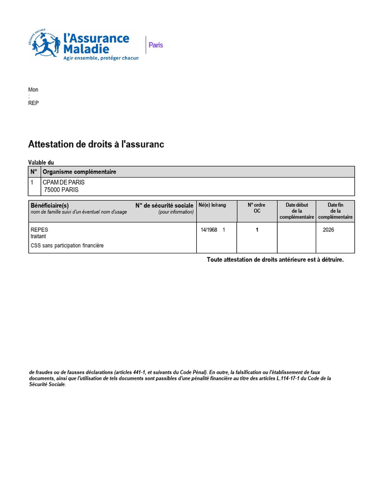 Attestation de droits à l'assurance CSS | PDF