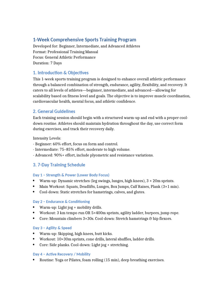 1-Week Sports Training Program Guide | PDF | Physical Exercise ...