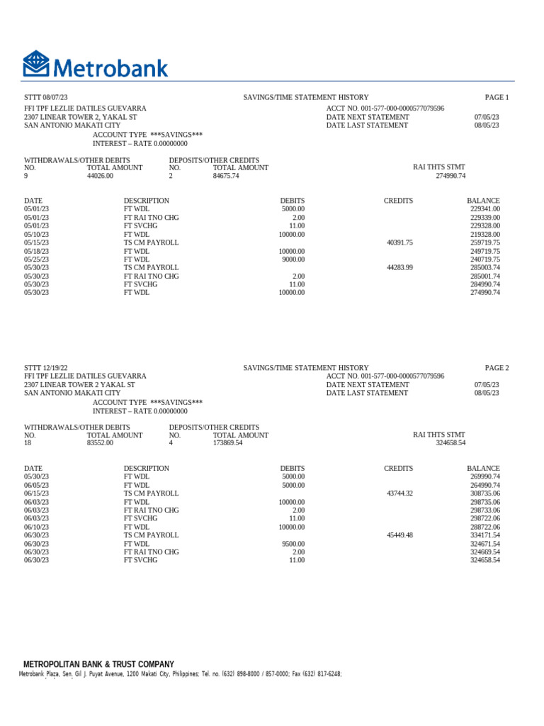 Metrobank Savings Statement History | PDF | Banks | Companies Of The ...