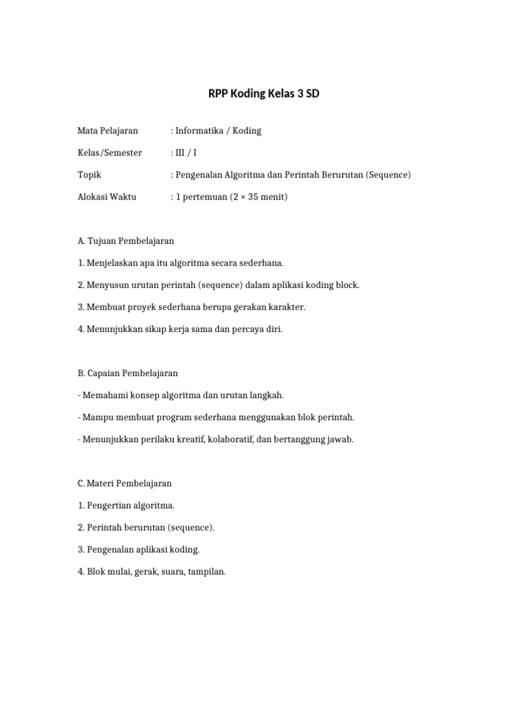 RPP Koding Algoritma Kelas 3 SD | PDF