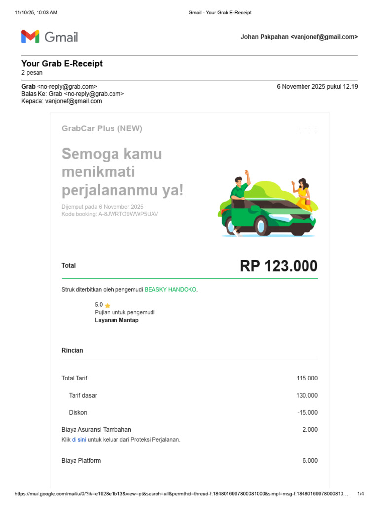 E-Receipt GrabCar Plus 6 Nov 2025 | PDF