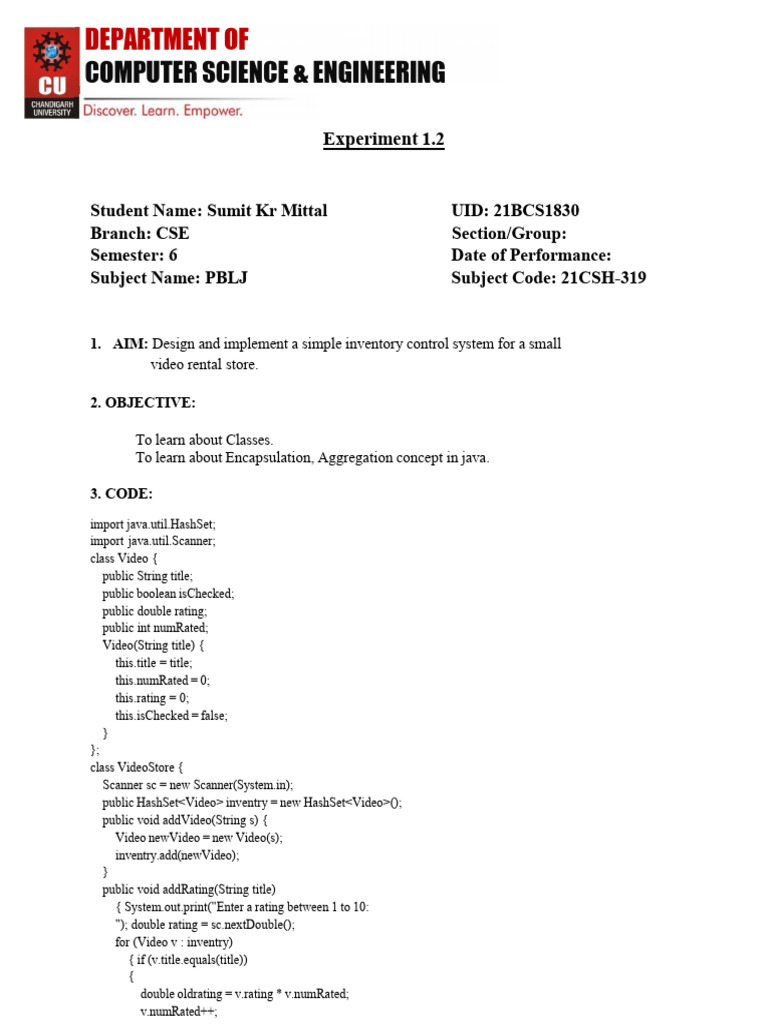21BCS1830_PBLJ 1.2 | PDF | Object Oriented Programming | Programming ...