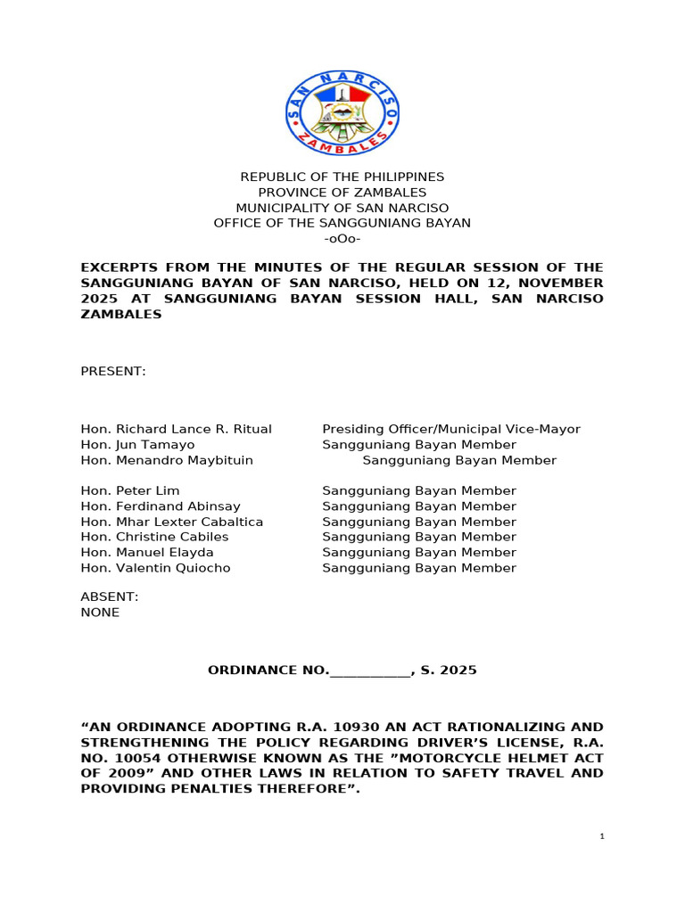 San Narciso Traffic Code Ordinance 2025 | PDF | Traffic | Intersection ...