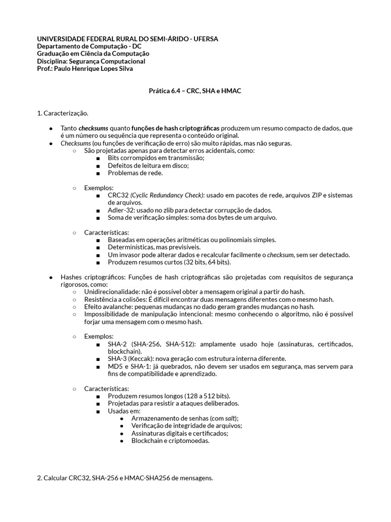 Pratica 6.4 Crc Sha Hmac | PDF | Criptografia | Ciência da Computação