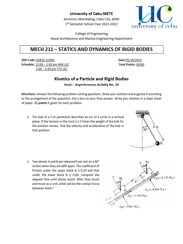 MECH211 - Finals Activity No. 10 - Kinetics of A Particle and Rigid ...