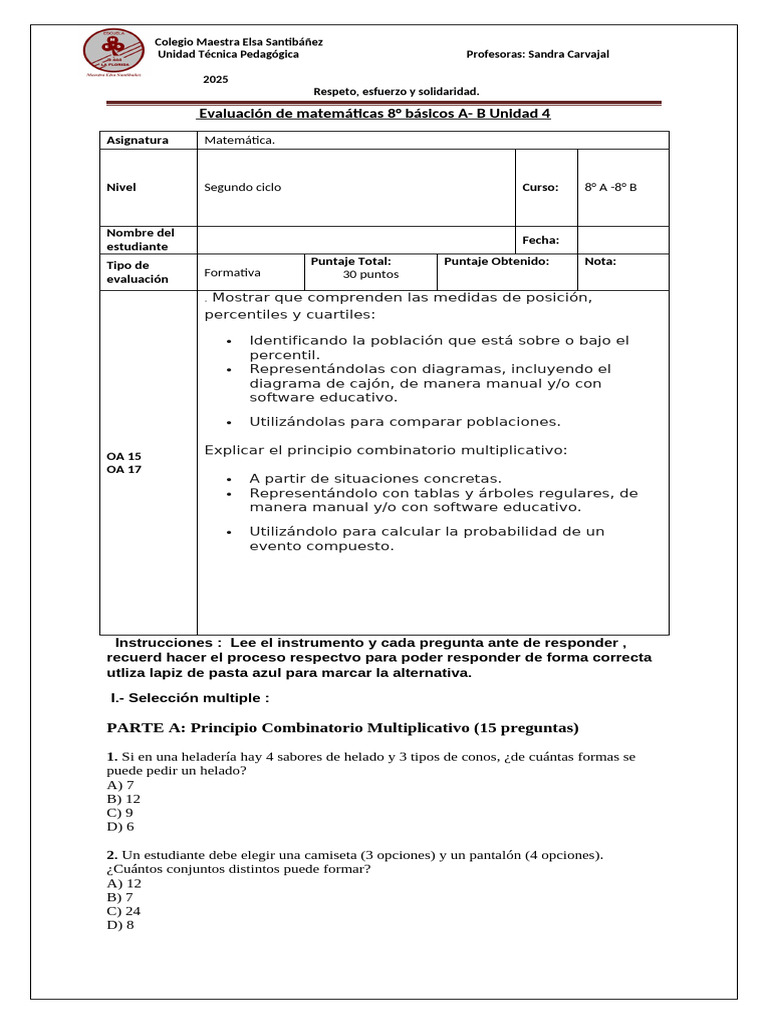 Evaluacion Unidad 4 de 8° Basicos Noviembre | PDF | Cuantil | Mediana