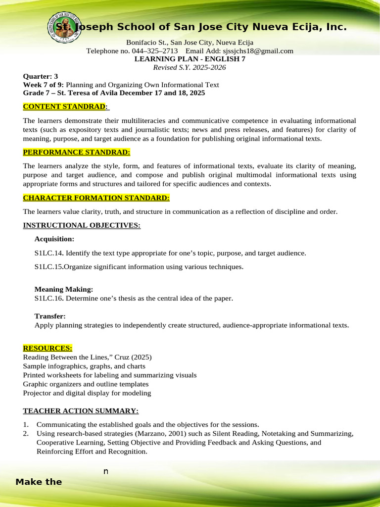 English 7 Learning Plan: Week 7 Overview | PDF | Infographics | Learning