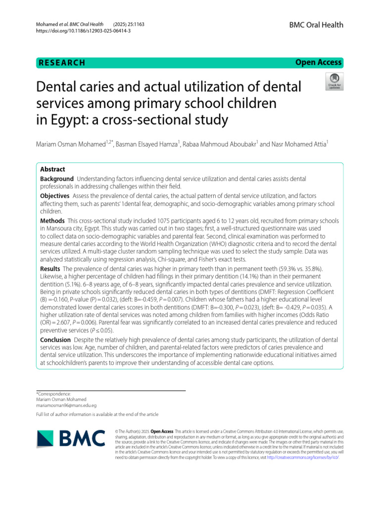 Dental Caries and Service Use in Egypt | PDF | Dentistry | Cronbach's Alpha