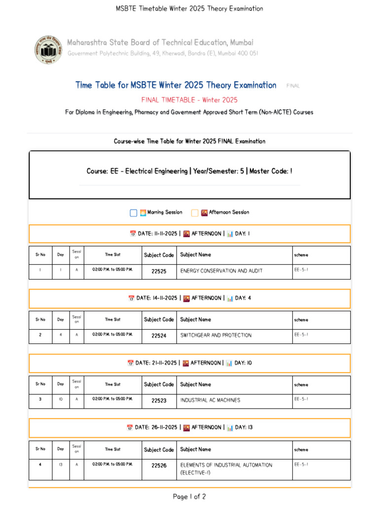 MSBTE Winter 2025 Exam Timetable | PDF | Vocational Education | Career ...