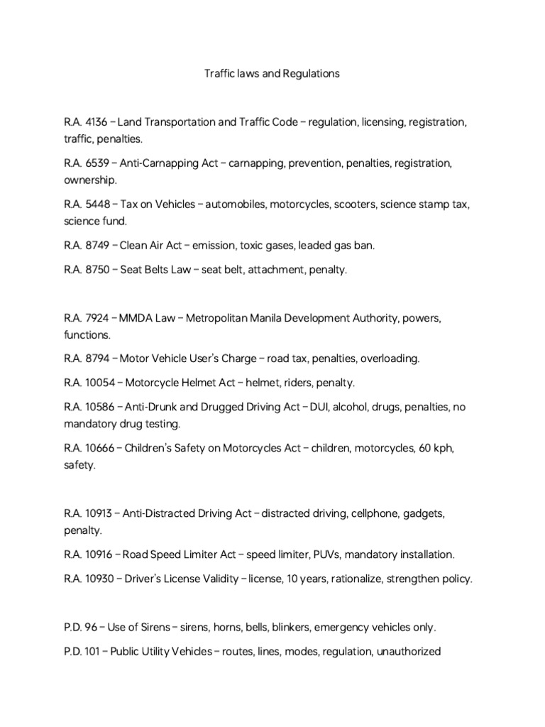 Comprehensive Traffic Laws Overview | PDF | Land Transport | Vehicles