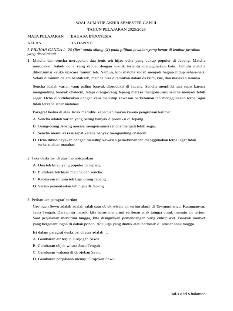 Soal Bahasa Indonesia Kelas 9 Semester Ganjil | PDF