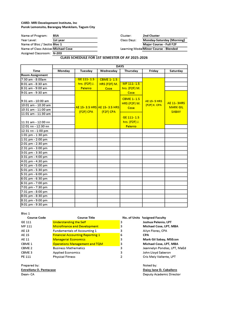 Class Schedule Sy 2025 2026 1st Sem 2nd Cluster 1st Year v1 | PDF ...