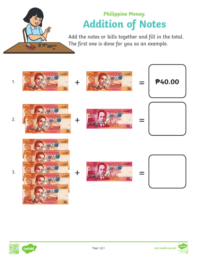 Philippine Money Addition Practice | PDF