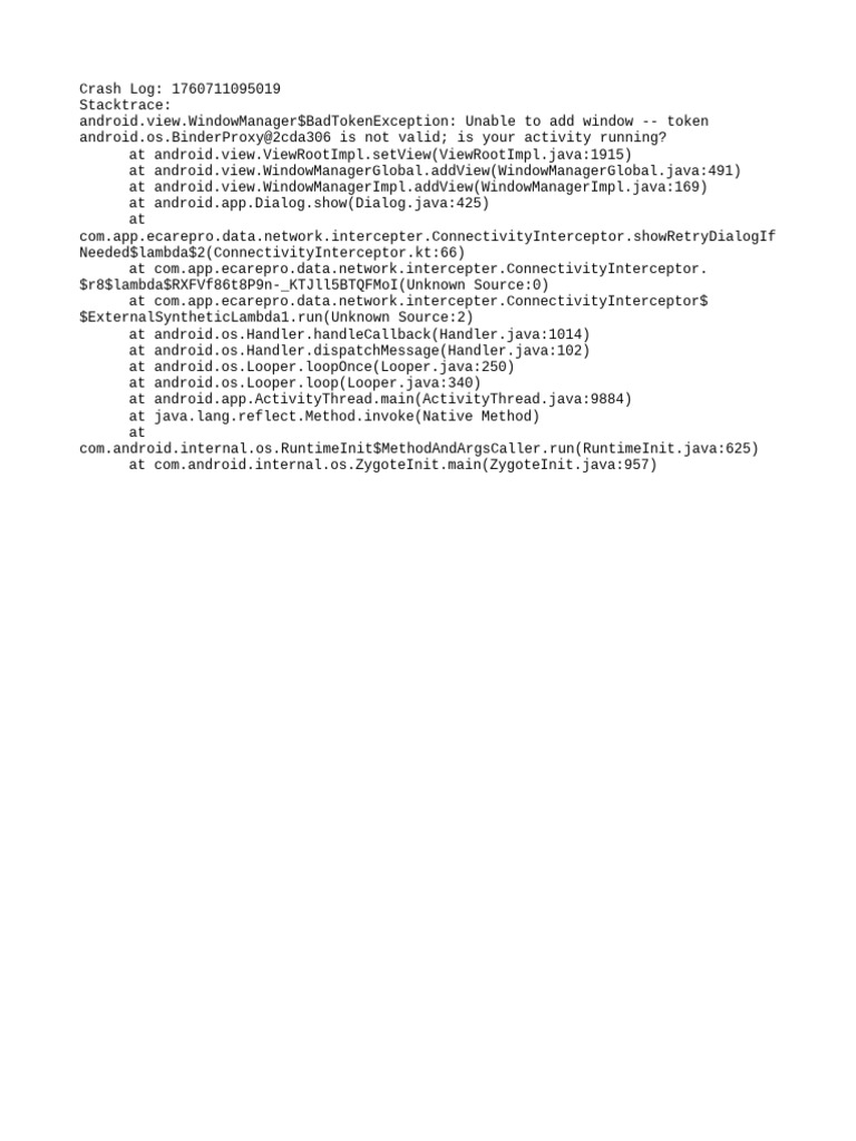 Android BadTokenException Crash Log | PDF