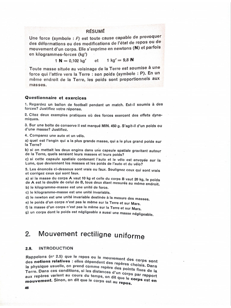 Physique Mouvement Rectiligne 1 | PDF