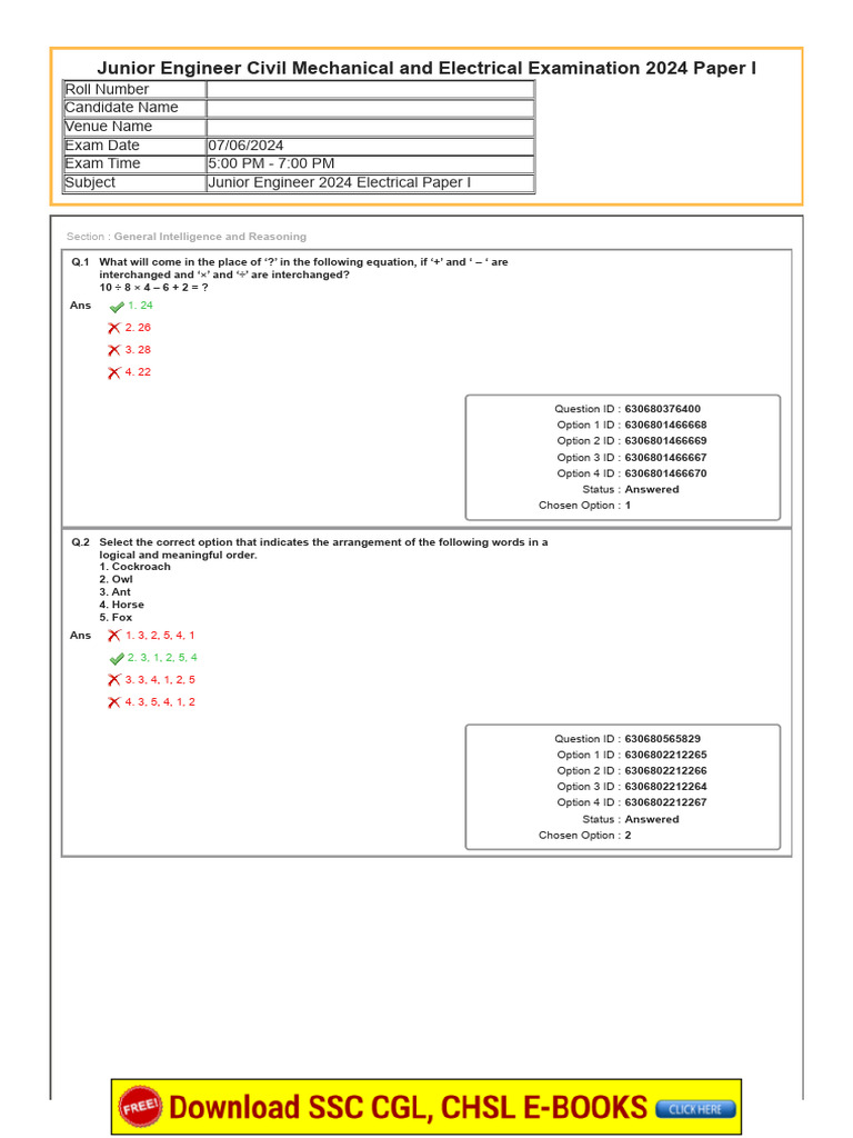 SSC Je Paper 2024 Electrical Engineering 07 Jun 2024 Shift 3 | PDF ...