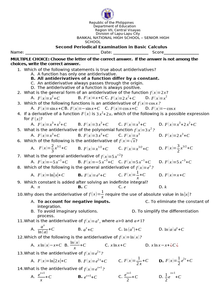 Senior High Basic Calculus Exam | PDF | Integral | Calculus