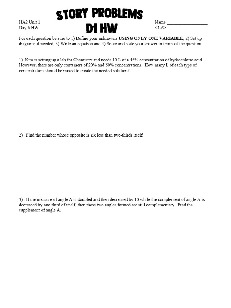 Day 6 - Story Problems D1 HW | PDF