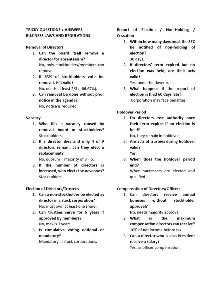 TRICKY QUESTIONS BUSLAW | PDF | Business Law | Civil Law (Legal System)
