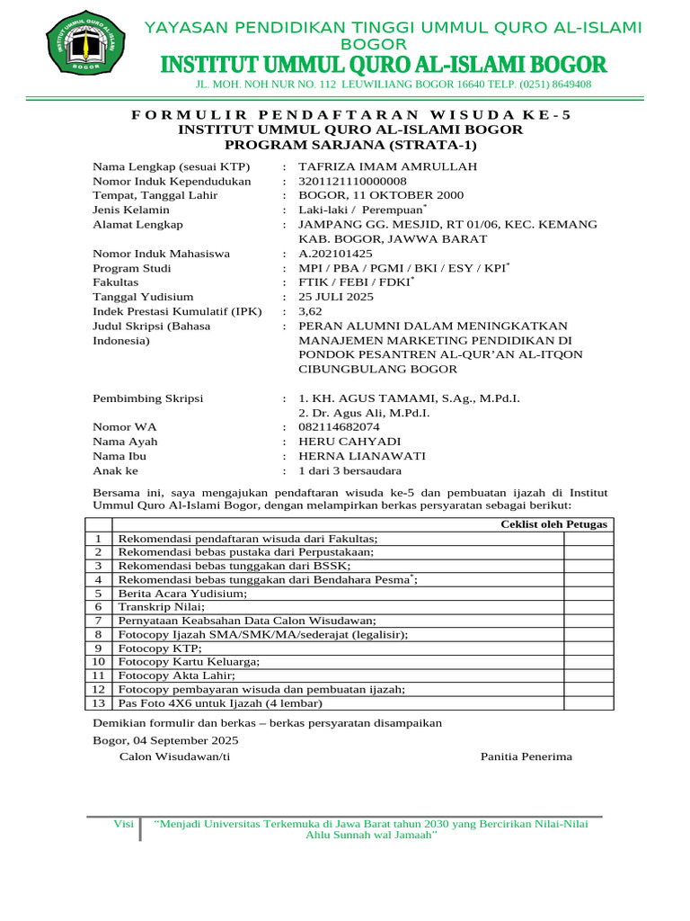 Pendaftaran Wisuda Institut Ummul Quro | PDF
