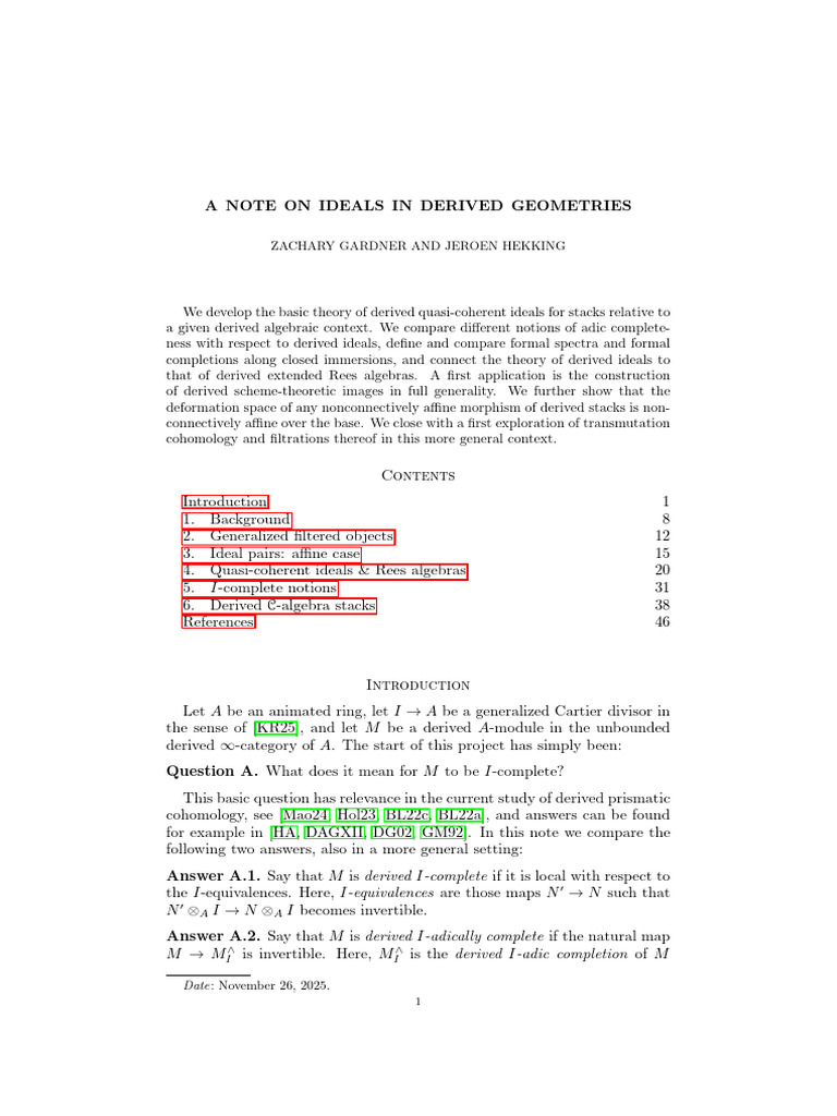 A Note On Ideals in Derived Geometries: Zachary Gardner and Jeroen ...