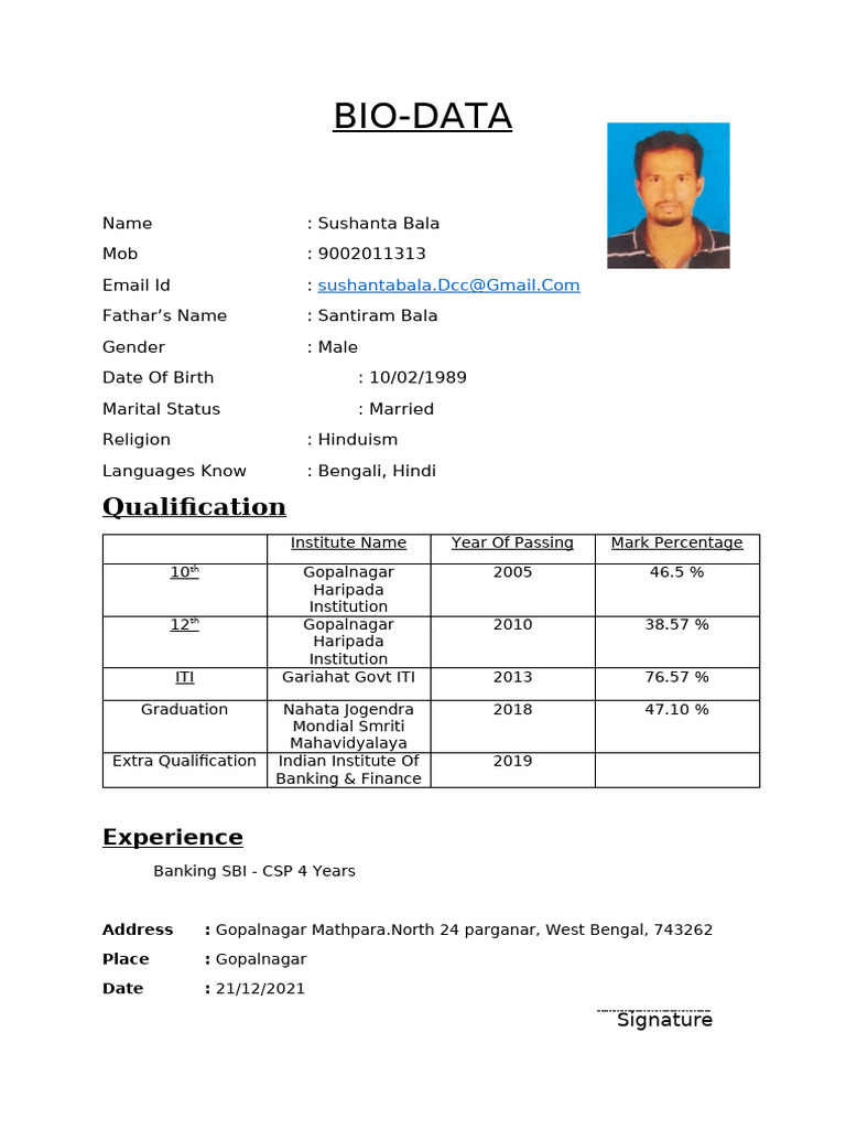 Sushanta Bala's Professional Bio Data | PDF