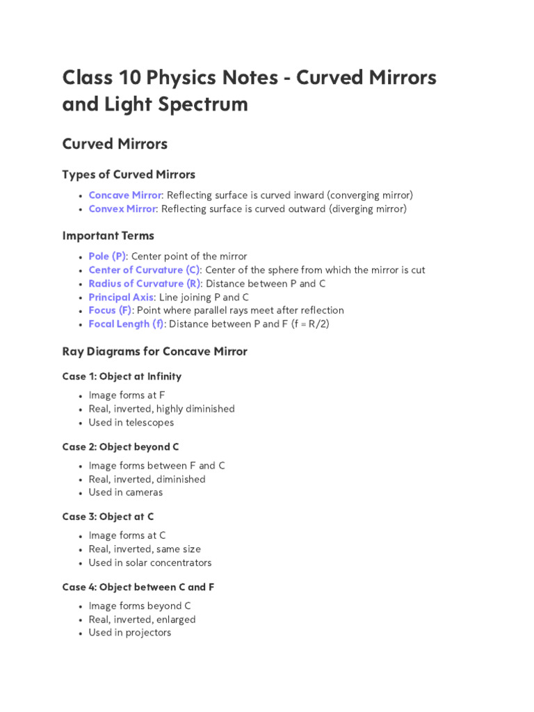 Class 10 Physics: Curved Mirrors & Light | PDF | Electromagnetic ...