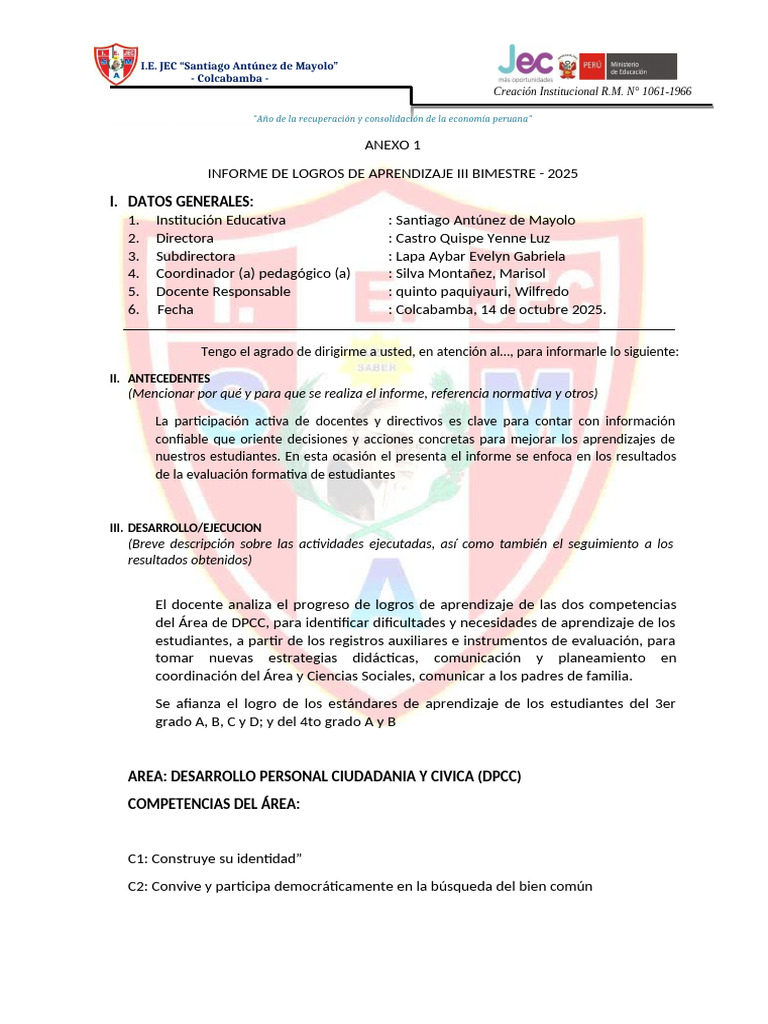 Informe de Logros Aprendizaje 2025 DPCC | PDF | Aprendizaje ...