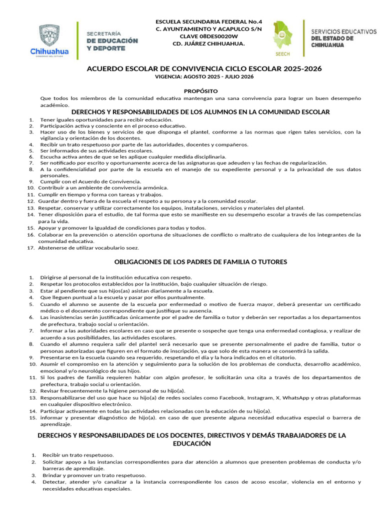 Acuerdo de Convivencia Escolar 2025-2026 | PDF | Escuelas | Trabajo Social