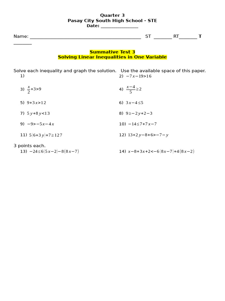 Solving Linear Inequalities Test Q3 | PDF