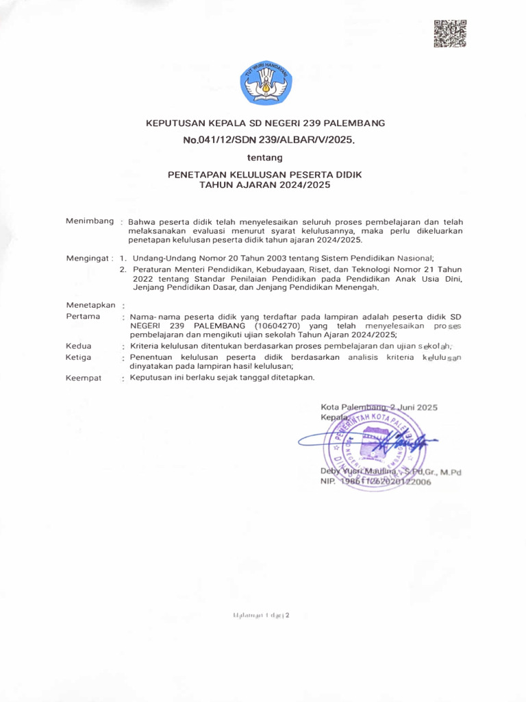 Penetapan Kelulusan SD Negeri 239 | PDF