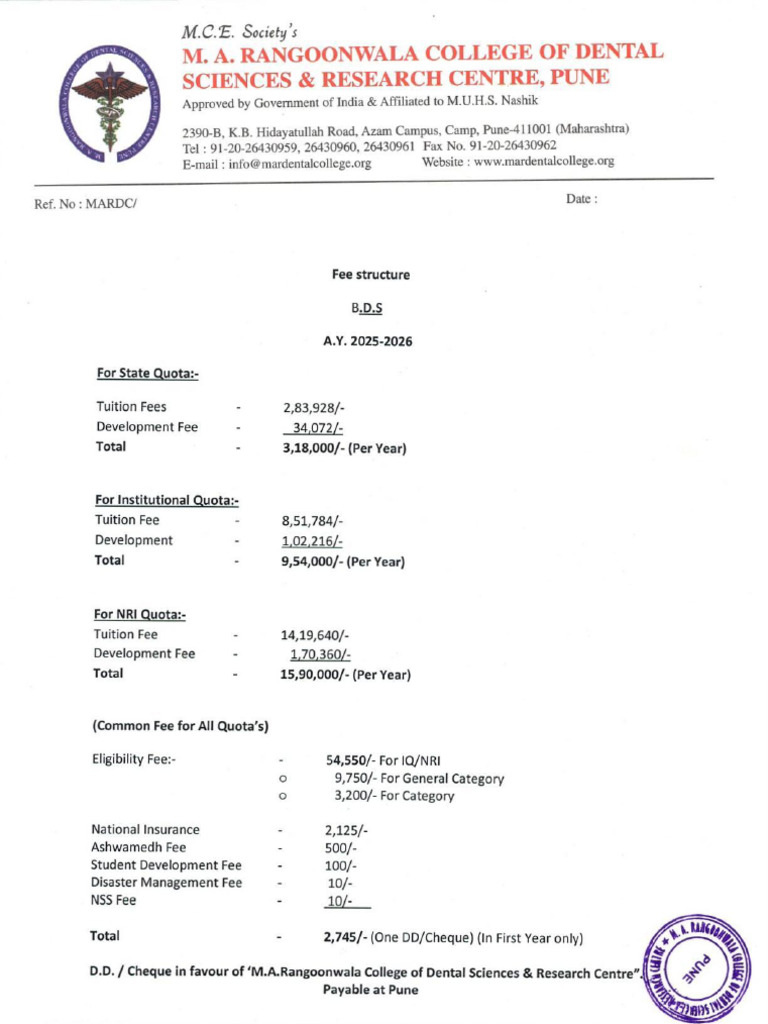 Fee Structure BDS 2025 26 | PDF