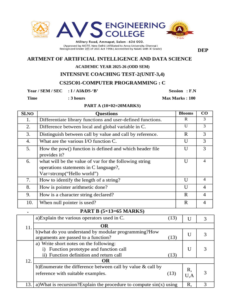 C Programming Intensive Coaching Test | PDF | Pointer (Computer ...