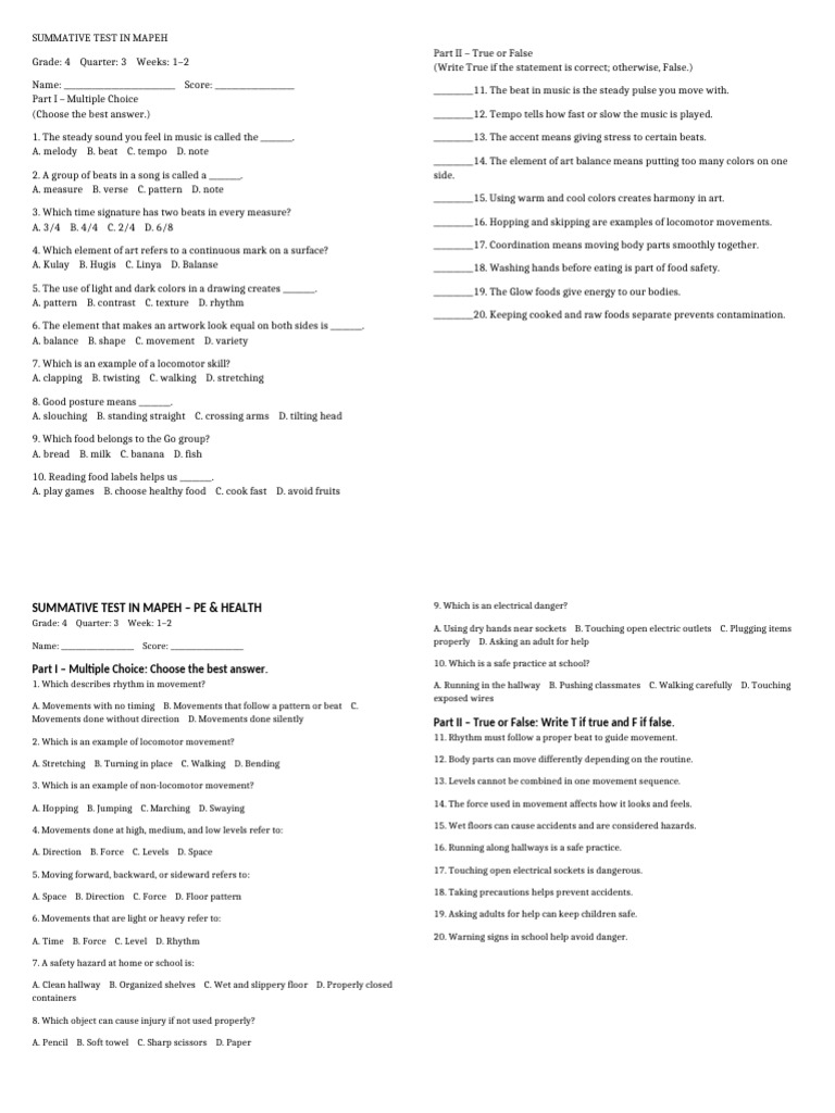 Summ - Test Mapeh 4 q3 w1-2 | PDF | Nutrients | Color