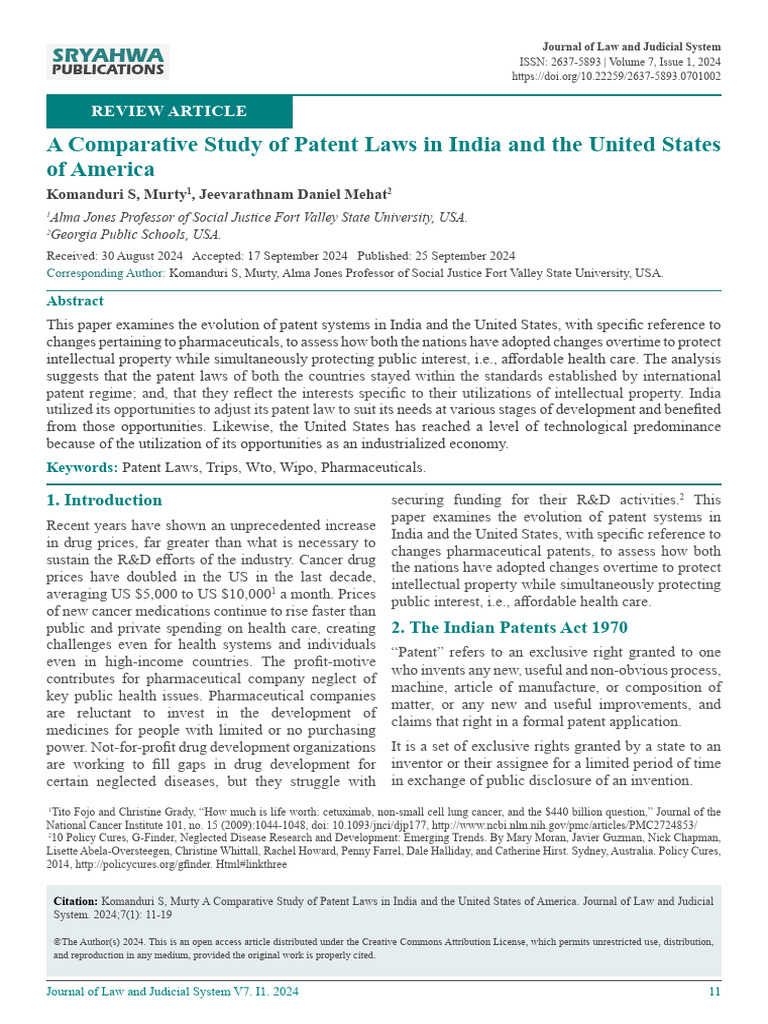 Patent Law Comparison: India vs. USA | PDF | Generic Drug