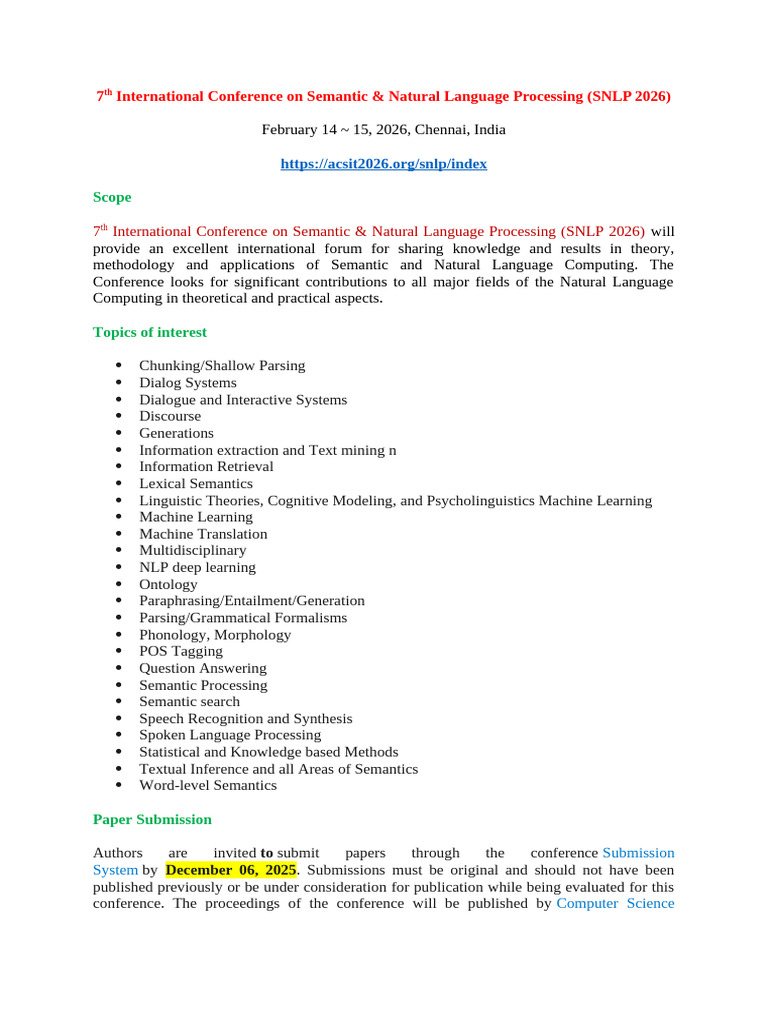 SNLP 2026: Call for Papers in NLP | PDF | Semantics | Linguistics