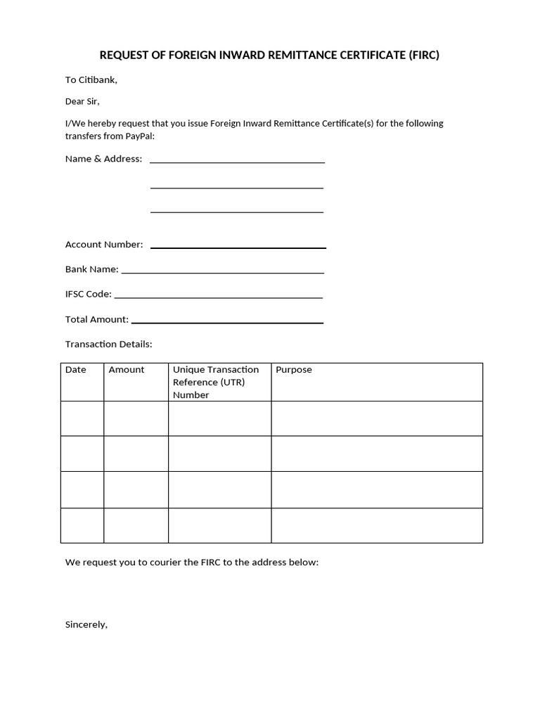 Request for Foreign Inward Remittance Certificate | PDF