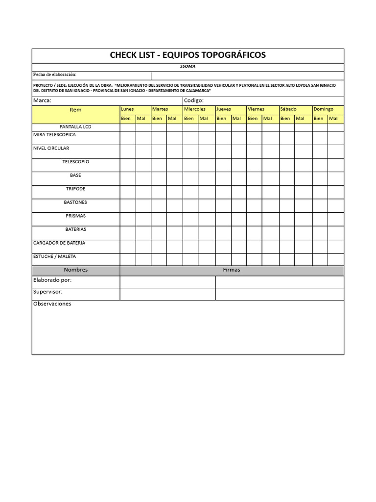 Checklist Equipos Topográficos San Ignacio | PDF