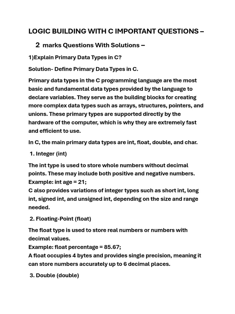 C Programming: Key Concepts & Examples | PDF | Data Type | Integer ...