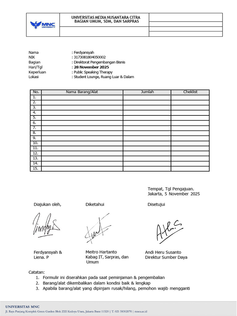 Formulir Peminjaman Barang UMNC | PDF
