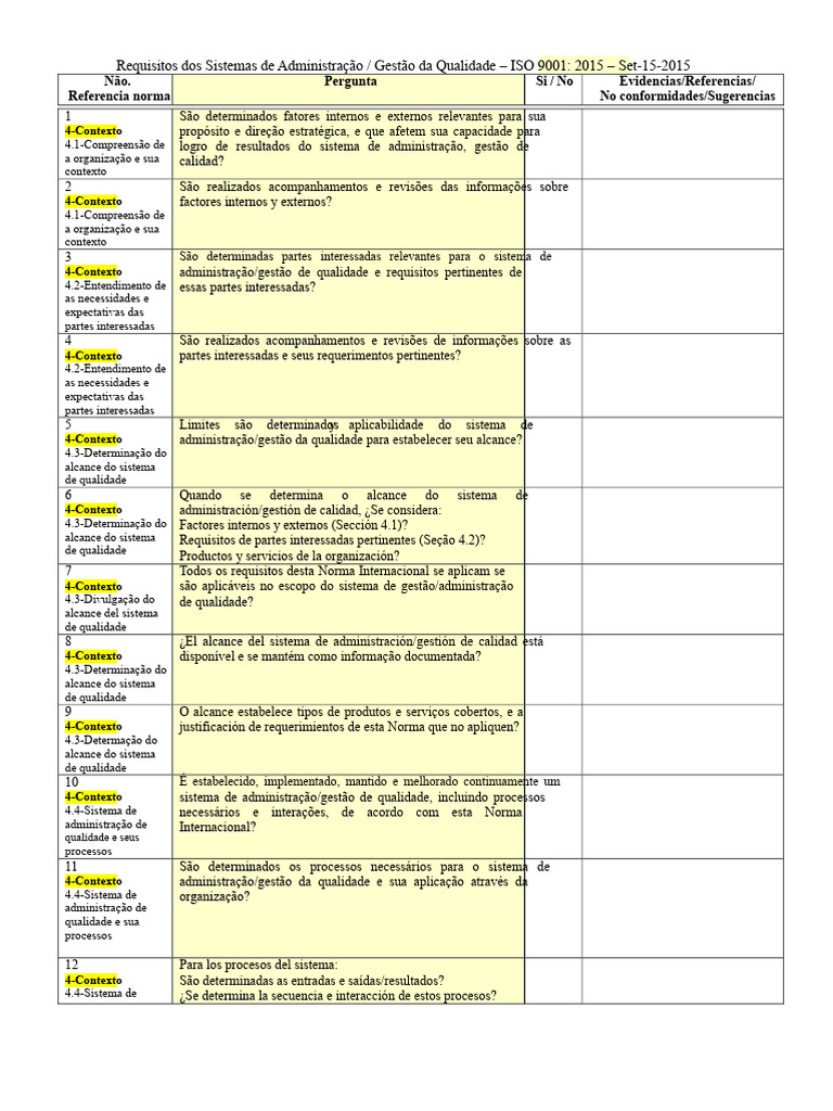 Checklist Iso 9001 2015 | PDF | Gestão de qualidade | Qualidade (negócios)