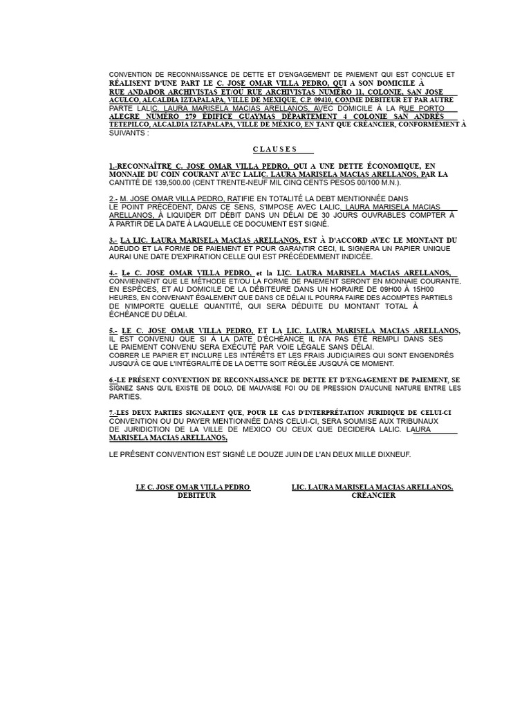 Convention de reconnaissance de dette | PDF | Dettes | Débiteur