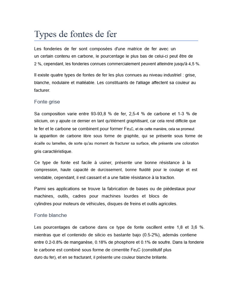 Types de fontes de fer : caractéristiques et usages | PDF | Fonte ...